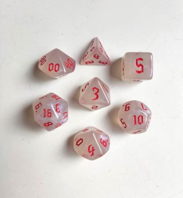 Kit 7 Dados Poliédricos - Glitter - Branco e Vermelho - Dados Jogo Rpg