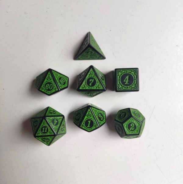 Kit 7 Dados Poliédricos - Runas - Verde e Preto - Dados Jogo Rpg