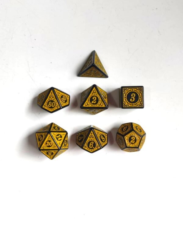 Kit 7 Dados Poliédricos - Runas - Amarelo e Preto - Dados Jogo Rpg