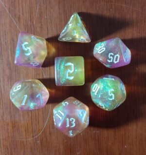 Kit 7 Dados Poliédricos - Bicolor com Glitter - Amarelo / Rosa Glitter