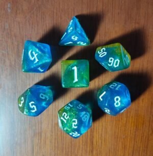 Kit 7 Dados Poliédricos - Bicolor com Glitter - Azul/ Amarelo Glitter