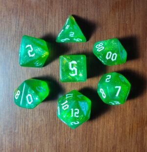 Kit 7 Dados Poliédricos - Bicolor com Glitter - Verde/ Amarelo Glitter