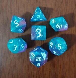 Kit 7 Dados Poliédricos - Bicolor com Glitter - Verde/ Roxo Glitter