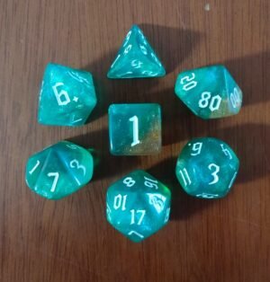 Kit 7 Dados Poliédricos - Bicolor com Glitter - Verde/ Laranja Glitter