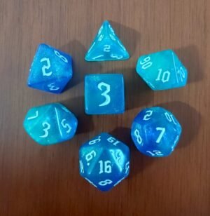 Kit 7 Dados Poliédricos - Bicolor com Glitter - Verde/ Azul Glitter