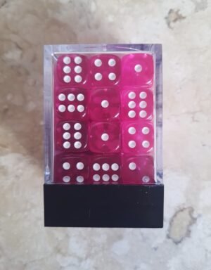 Conjunto 36 dados d6 Translúcido Rosa Choque e Branco - Central Dice - RPG